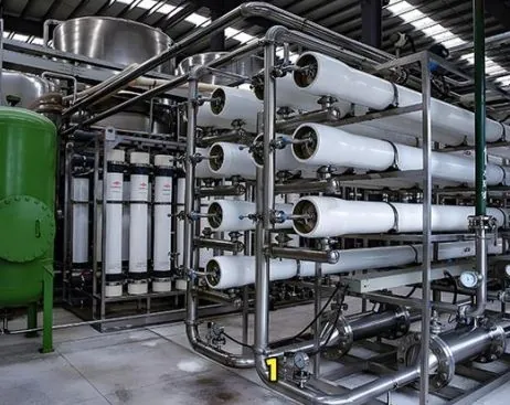 RO membrane rack with pressure vessels, stainless-steel piping and pretreatment vessels