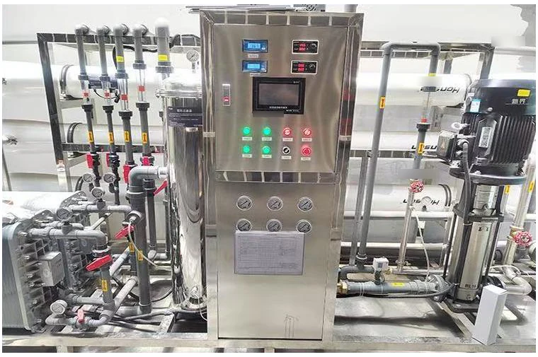 Stainless-steel reverse osmosis and EDI water system with instruments, membrane housings, pumps and integrated control cabinet