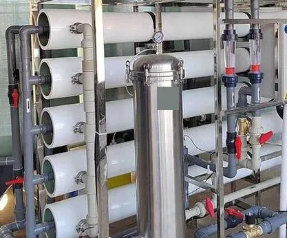 RO membrane housings, stainless-steel piping and instruments in an anonymous food and beverage equipment reference