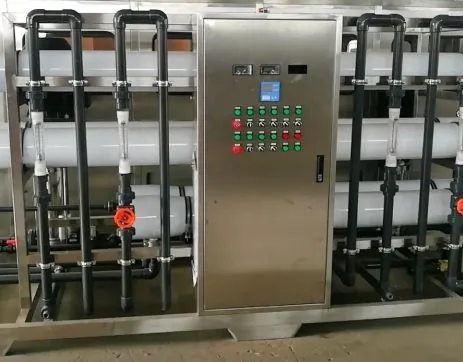 RO membrane housings, process piping and a stainless-steel control cabinet in an anonymous textile process-water reference